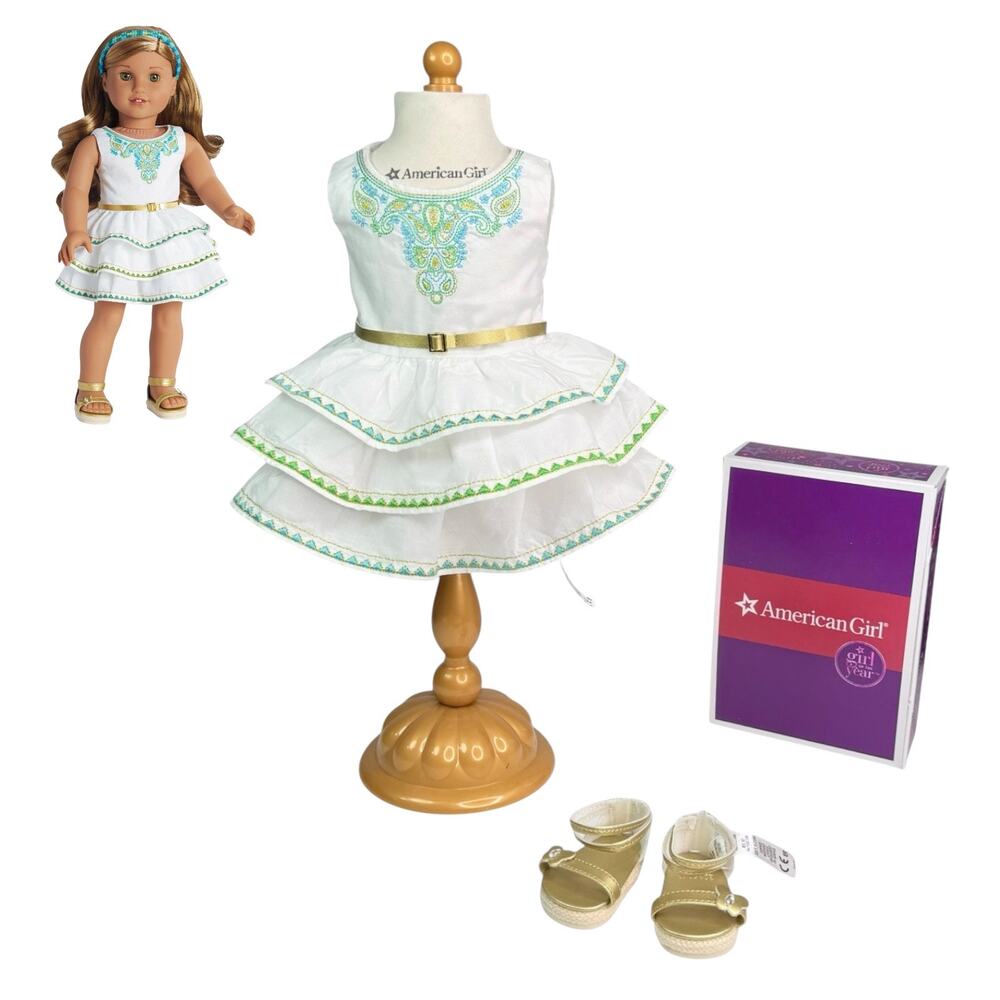 American Girl Lea Celebration Dress Embroidery Gold Belt Strap Sandal Shoes Box